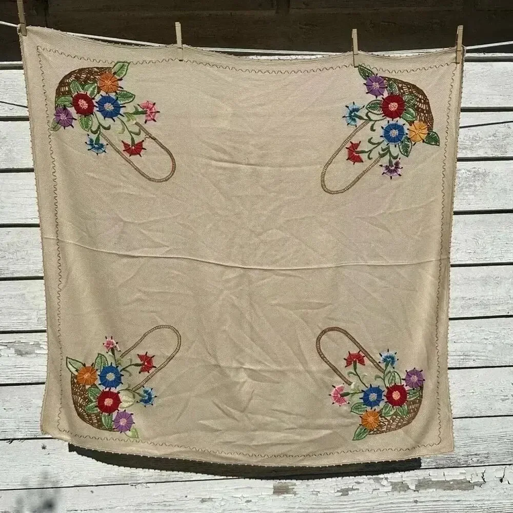 Vintage embroidered tablecloth baskets on each corner measurements are 40”43”
